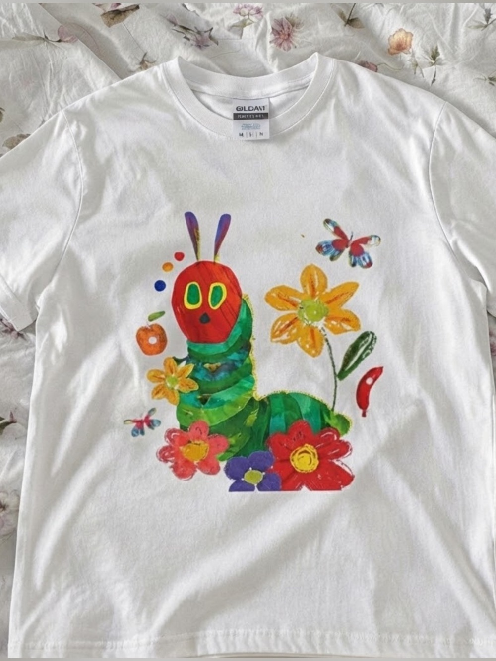 Gildan White T-Shirt with Colorful Caterpillar Print